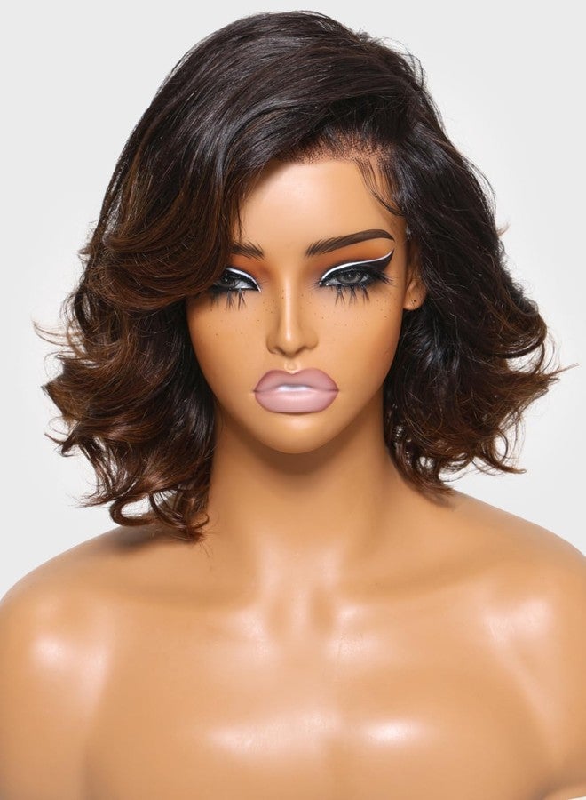 Nadula Balayage Brown Short Bob Glueless Wig Human Hair Loose Wave Chestnut Brown 13x4 HD Lace Front Wig Pre Plucked, Pre Cut Lace, Bleached Knots, Ready to Wear 150% Density 12 inch - Image 2